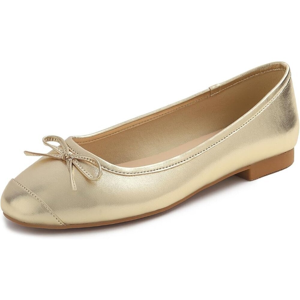 Feversole Women's Gold Plain Toe Cap Synthetic Square Toe Slip On Ballet Flats